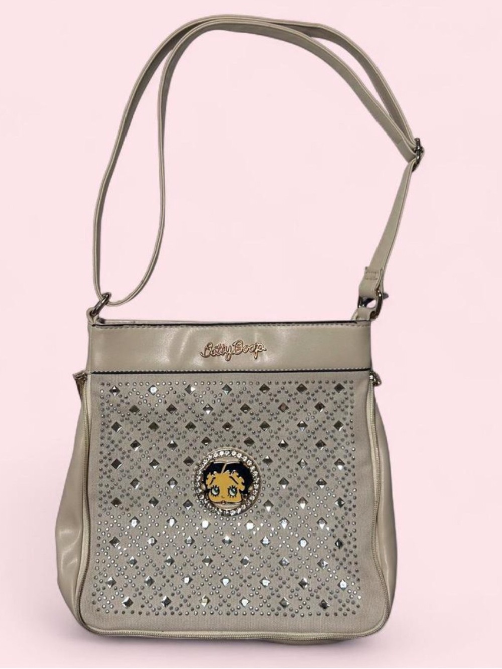 Betty Boop Taupe Gray Crossbody Bag with Studded Front